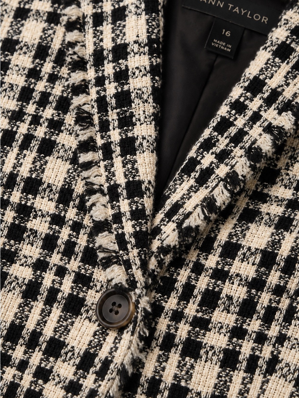 Ann Taylor Black Cream Tweed Blazer Fringe Jacket Size 16 - Picture 6 of 9